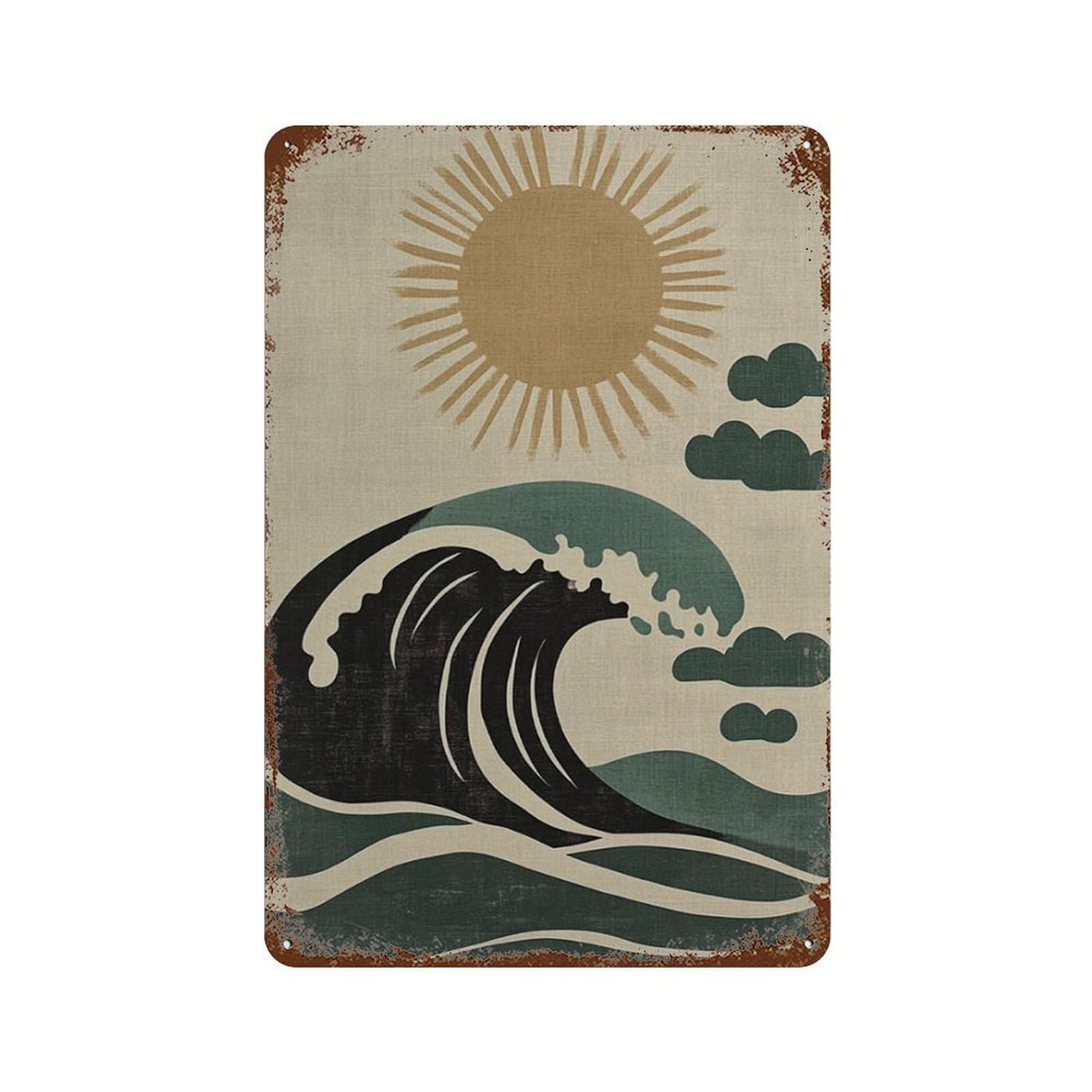 xiaoxiaoshen Abstract Ocean Wave Retro Coastal Minimal Sea With Sun Wall Decor Art Metal Tin Poster Modern Home Decor Art Home Bar Shop Decorations Vintage Sign 30x20cm