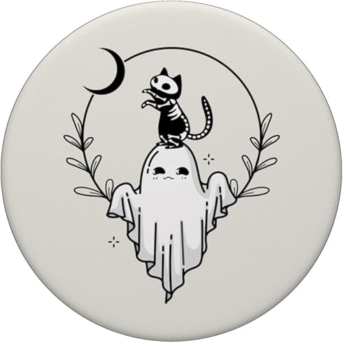 Miniatura 3 de Lindo esqueleto espeluznante de gato, fantasma, luna floral, Halloween, gato, PopSockets intercambiables