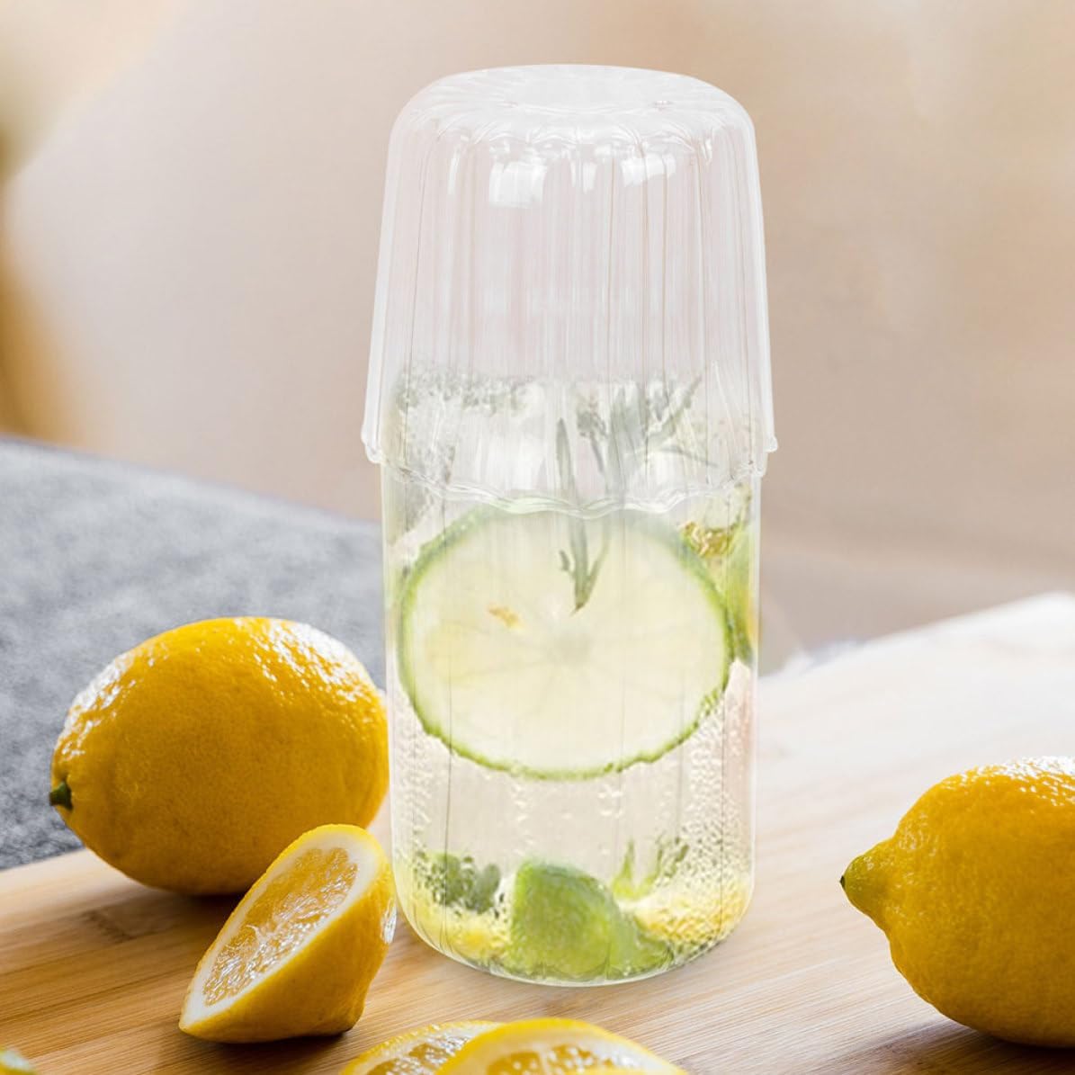 Glass Water Pitcher with Tray and Cup, Design for Nightstand