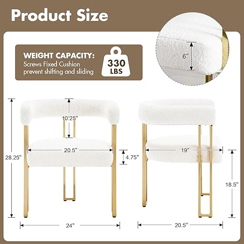 Miniatura 2 de Juego de 4 modernas sillas de comedor blancas Boucle con patas de metal dorado, sillones tapizados de barril de mediados de siglo con respaldo