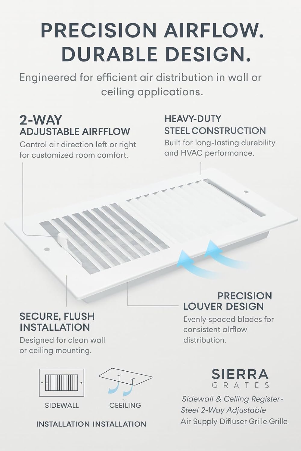 4" x 10" White Sidewall & Ceiling Register 2 Way – Steel Air Vent Cover, HVAC Supply Grille for Wall or Ceiling, Fits 4x10 Duct Opening, Heavy Duty Register, 4 Pack