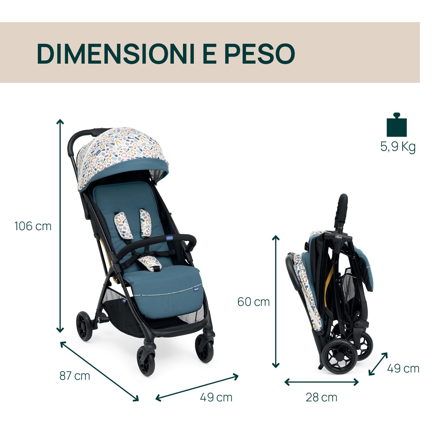 Chicco, Glee, Passeggino 0+ Mesi-22 Kg, con Chiusura Automatica e Compatta, Capotte Estensibile con Trattamenti UV50+ Antipioggia, Schienale Reclinabile e Regolabile, Poggiagambe