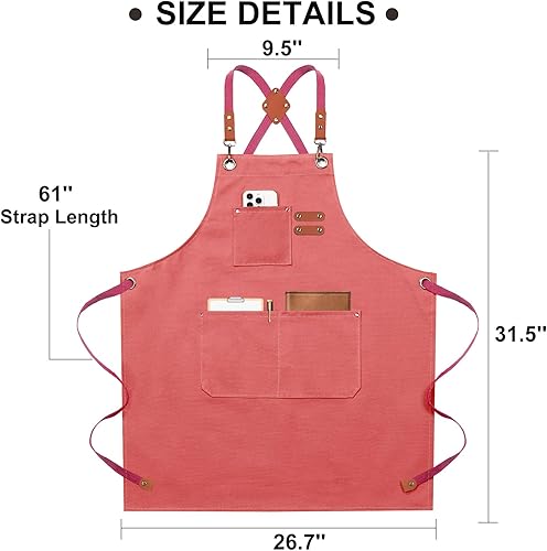 Miniatura 6 de ZOMAO Delantal de chef para mujeres y hombres con bolsillos grandes, lona de algodón, parte trasera cruzada, impermeable, delantales de trabajo