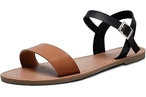 Women's Black and Tan Soft Faux Leather Open Toe and Ankle Strap Buckle Flat Sandals