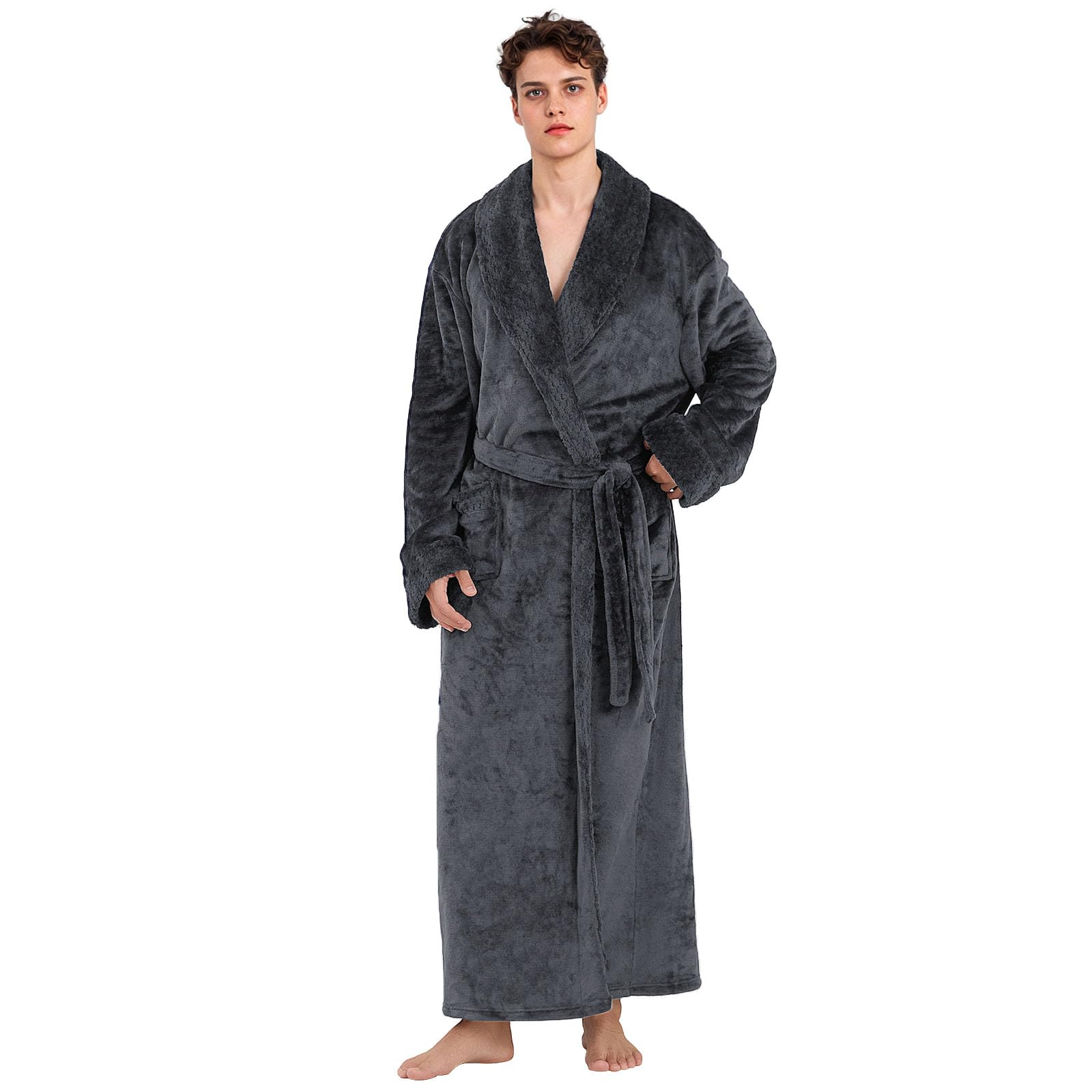 Sunongvt Hommes Robe De Chambre Pleine Longueur, Robes Chaudes Polaire Peignoir Long Moelleux Pour L'hiver,Bleu,M