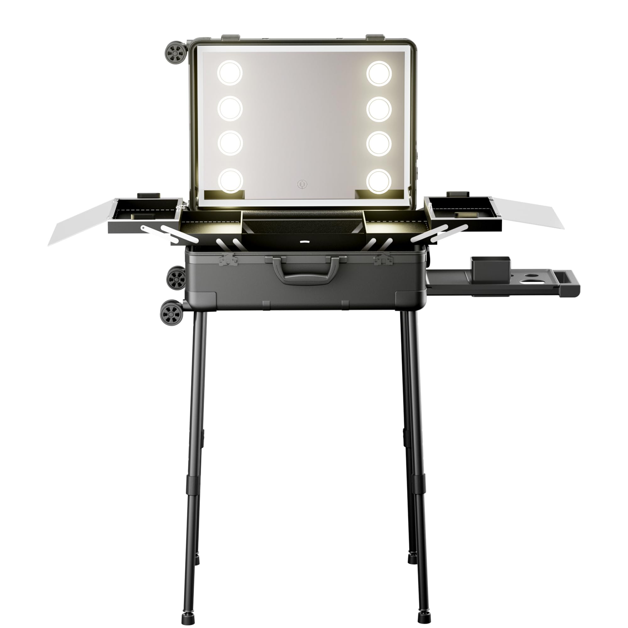 Valigetta Trucco con Rotelle in Alluminio, Grande Specchio con Illuminazione a LED, Organizzazione Cosmetici con Serratura a Combinazione, Stazione Trucco Pieghevole per Studio e Viaggio, Nera