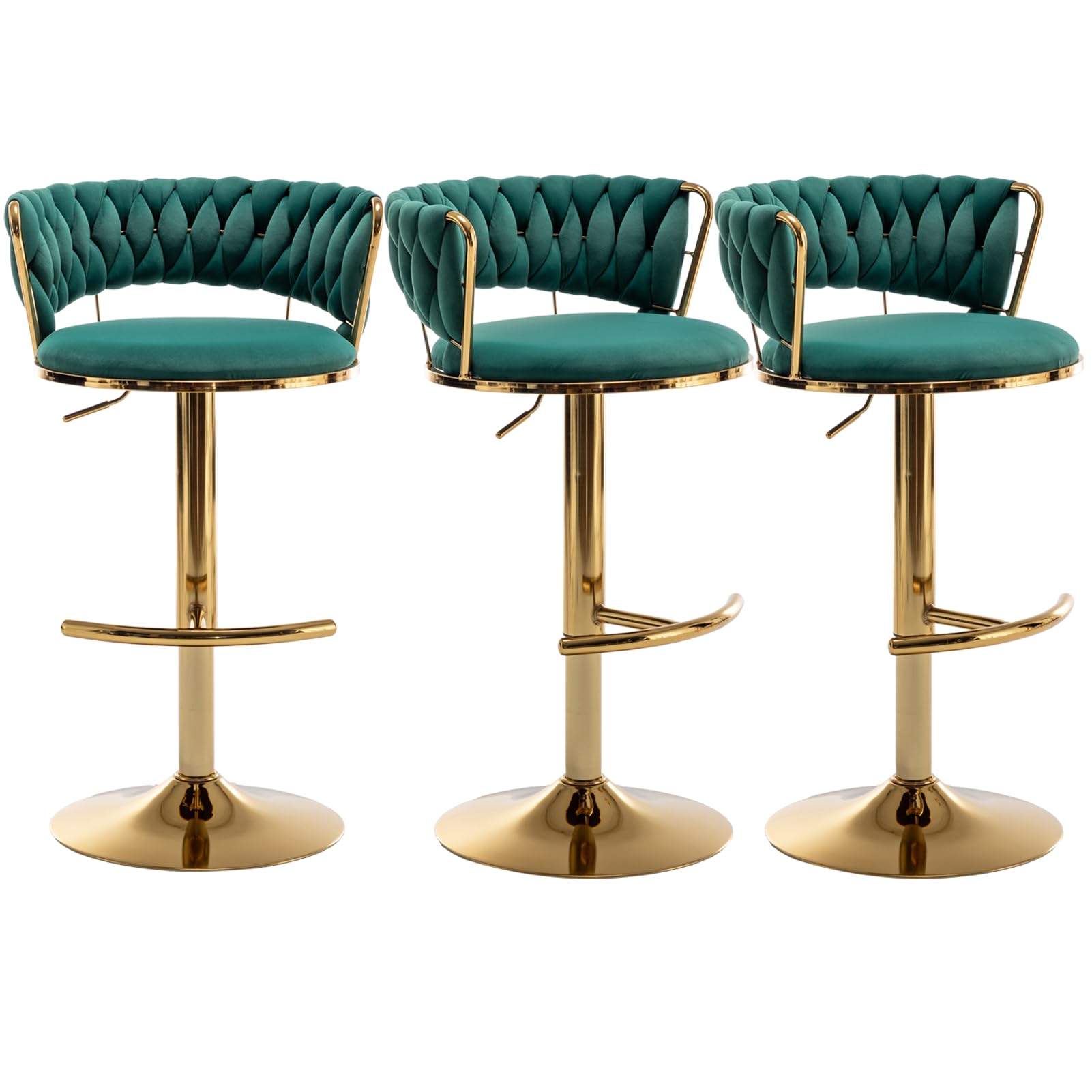 Canxkun Gold Bar Stools Set of 3, Counter Height Bar Chairs with Low Back, Velvet Adjustable Height Barstools, 360° Swivel Bar Stools for Kitchen