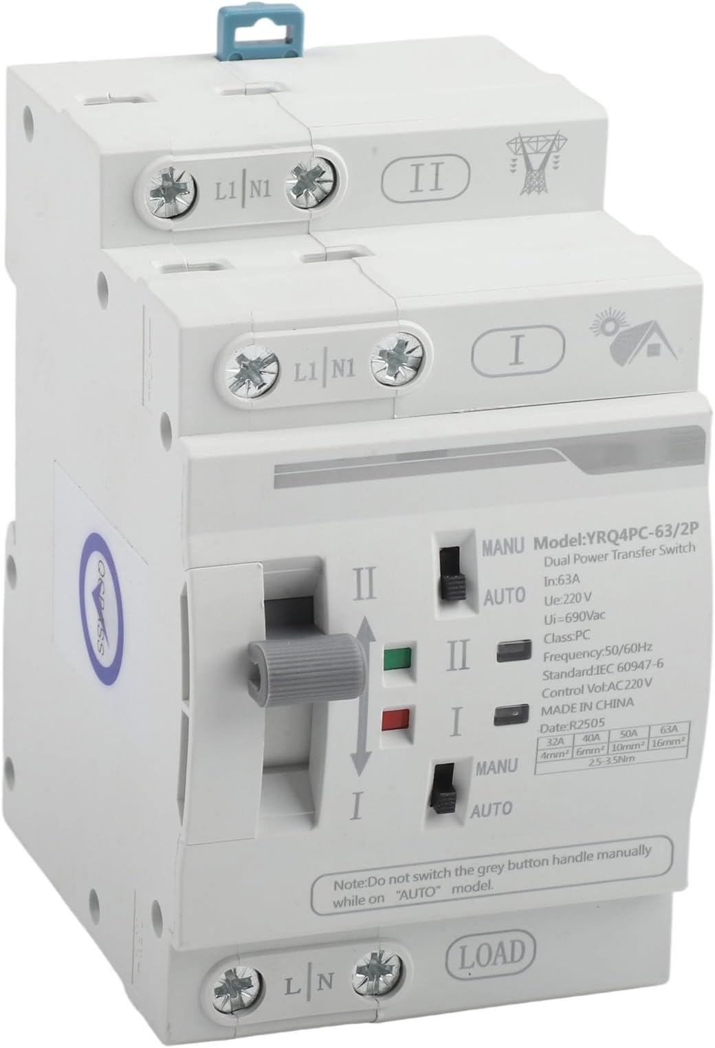 2P 63A AC220V Transfer Switch For Automatic And Manual Operation Modes In Critical Power Supply Situations