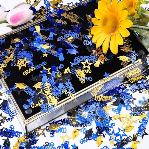 Image of Blue Gold and Black Graduation Confetti 2026, 1000 Pcs Congrats Grad Confetti Class of 2026 Party Table Centerpiece for 2026 Graduation Party Decorations