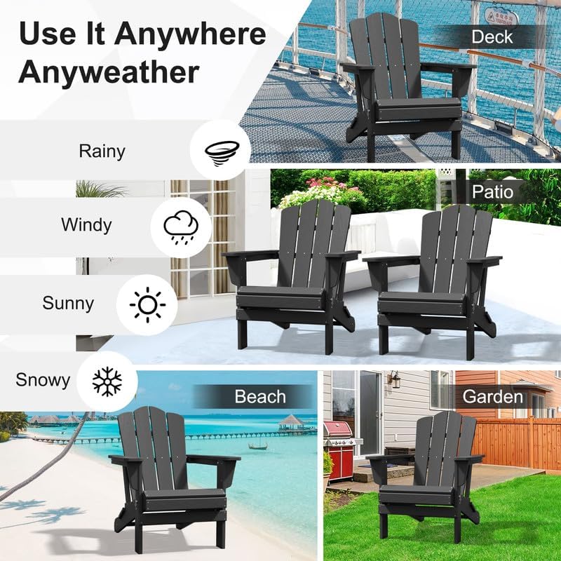 Adirondack Chair, Plastic Folding Outdoor Patio Chairs, Outside HDPE Chairs for Lawn, Yard, Gray(1PC)