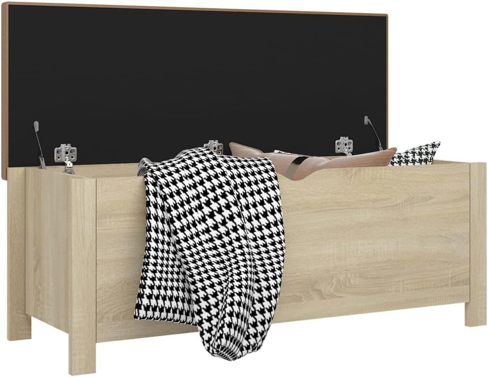 BOWERY HILL Engineered Wood Storage Box, Sonoma Oak Finish, Faux Leather Cushion, Rectangular Design, 41.3 x 15.7 x 17.7 in, Indoor Living Room Bench with Hidden Storage for Entryway, Bedroom, or