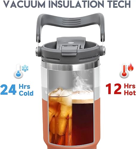 Miniatura 9 de Vaso de 30 onzas con asa, taza de café aislada al vacío con tapa 2 en 1 y popote, botella de agua de acero inoxidable de doble pared, taza de viaje
