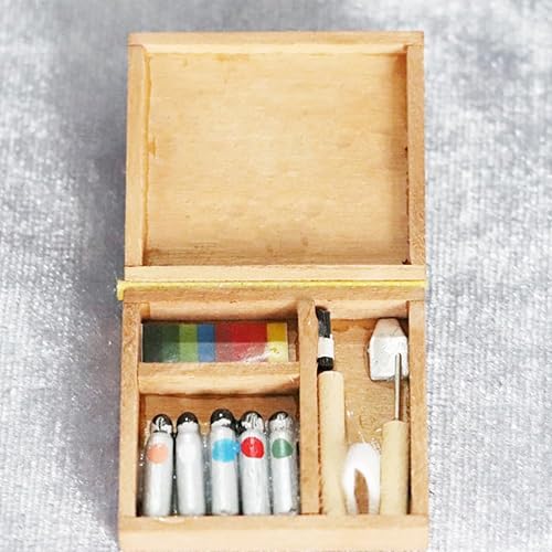 Miniatura 4 de jojofuny Kit de caballete de madera en miniatura para casa de muñecas 1:12, incluye caballete, lienzo, paleta de pintura y caja de pintura para