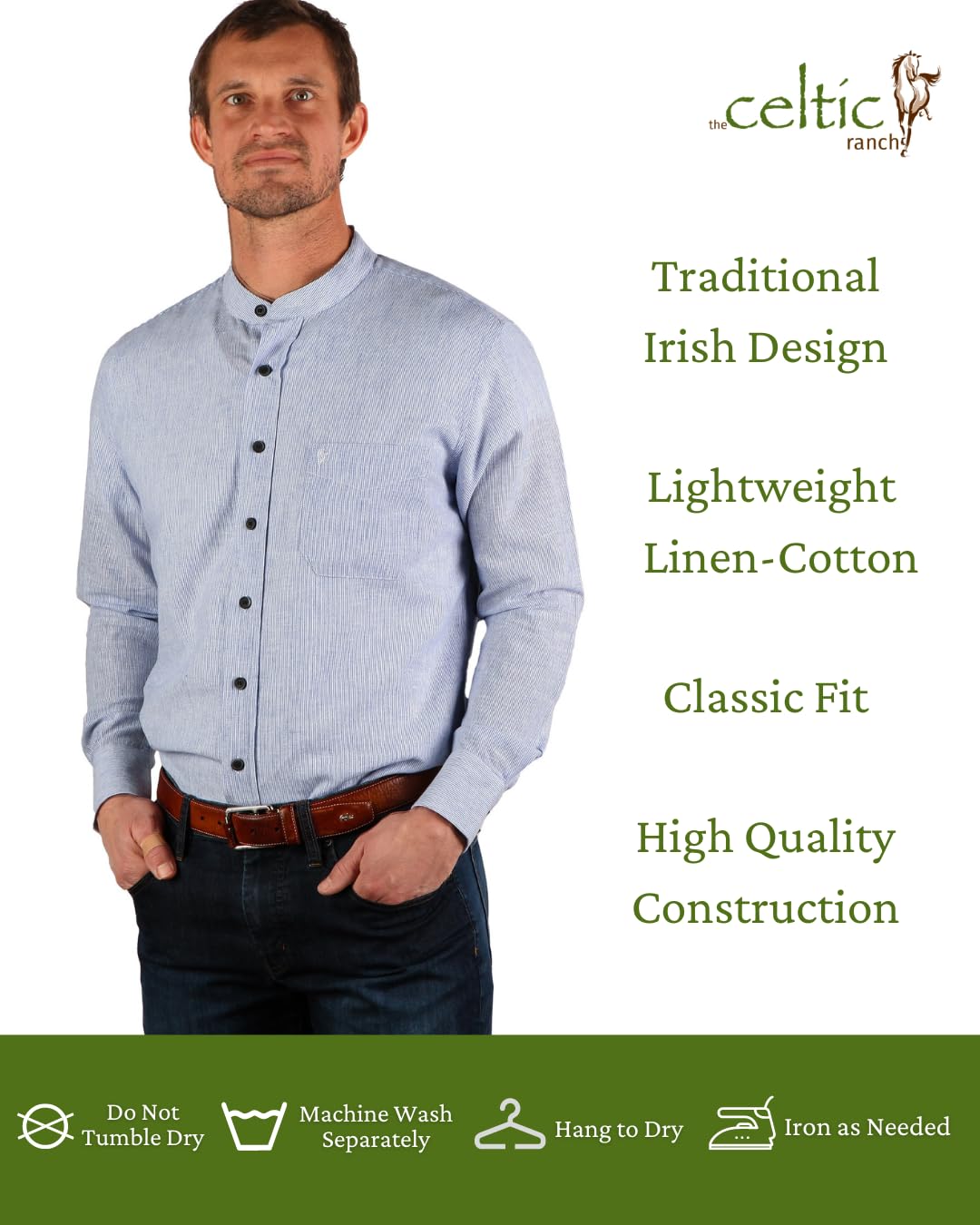 The Celtic Ranch Camisa tradicional irlandesa sin cuello para abuelo, camisa de vestir ligera de lino y algodón de manga larga para hombre
