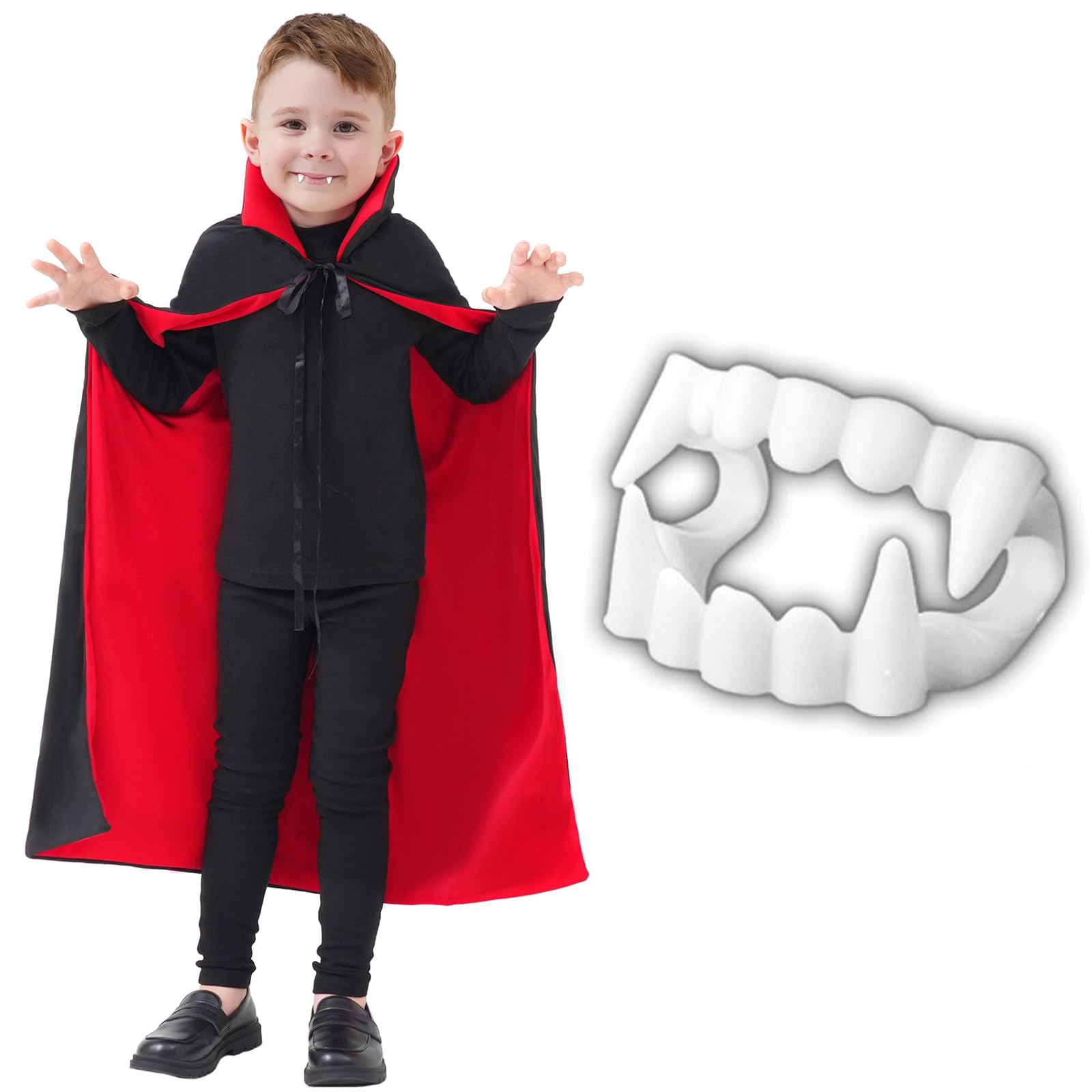 ZPSCXQ 3-piece vampire costume childrens set, children's vampire cape, Halloween vampire costume children's neutral cape, costume black and red double-sided teeth and scar tattoos Halloween costume