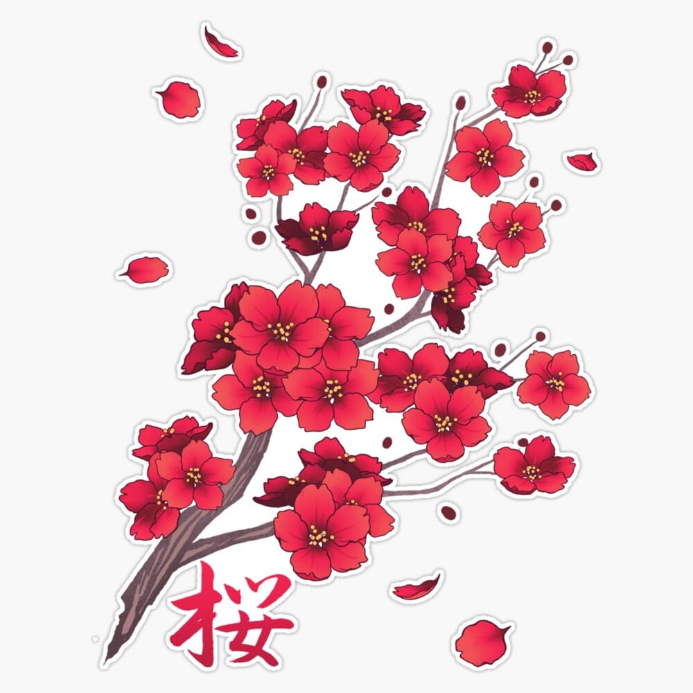 Amazon.com: Falling Red Sakura Cherry Blossom Branches On Black