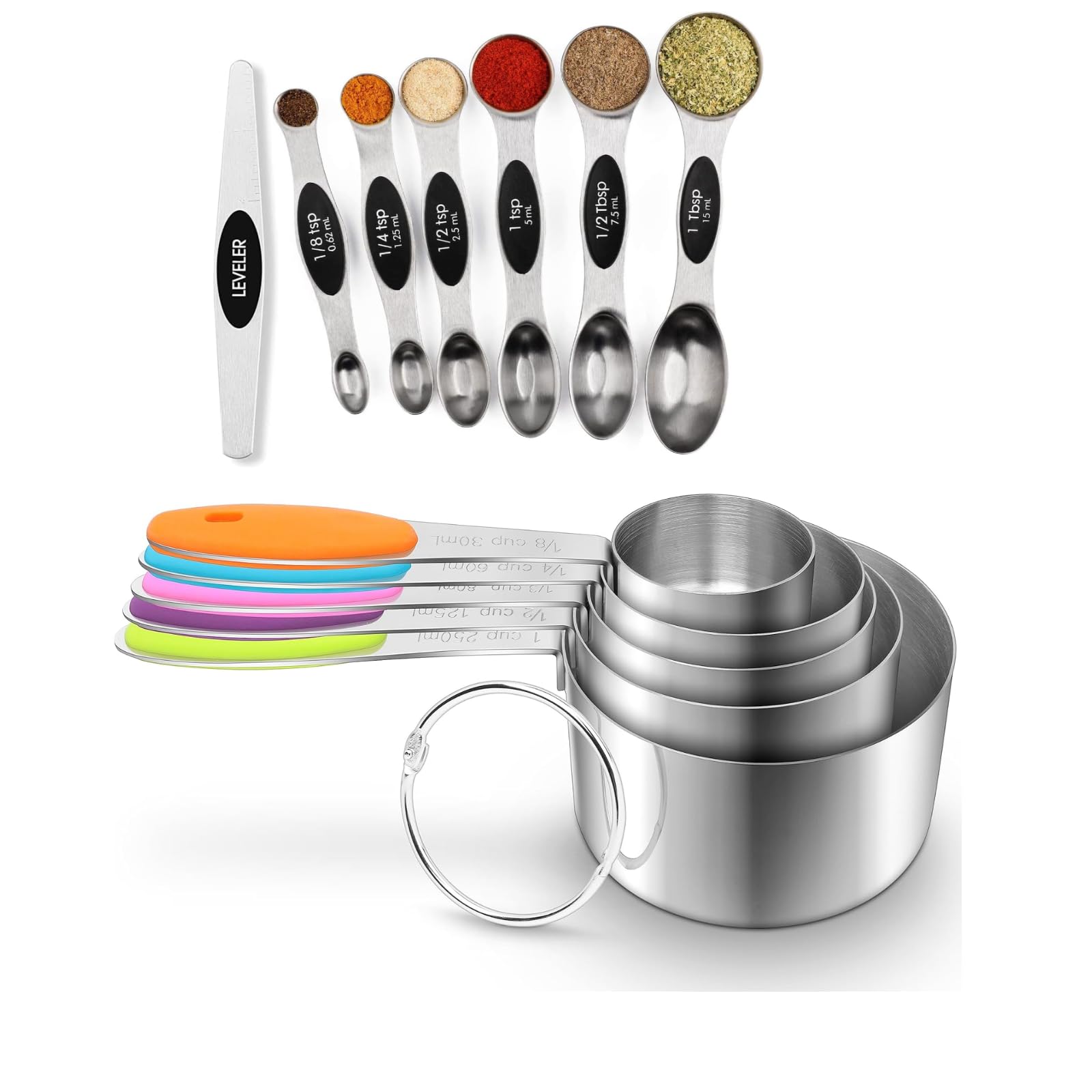 Magnetic Measuring Spoons Set Stainless Steel with Leveler, Stackable Metal Tablespoon, Measuring Cups Set Stainless Steel-Measuring Spoon Liquid Stackable Metric Measuring Scoop for Baking