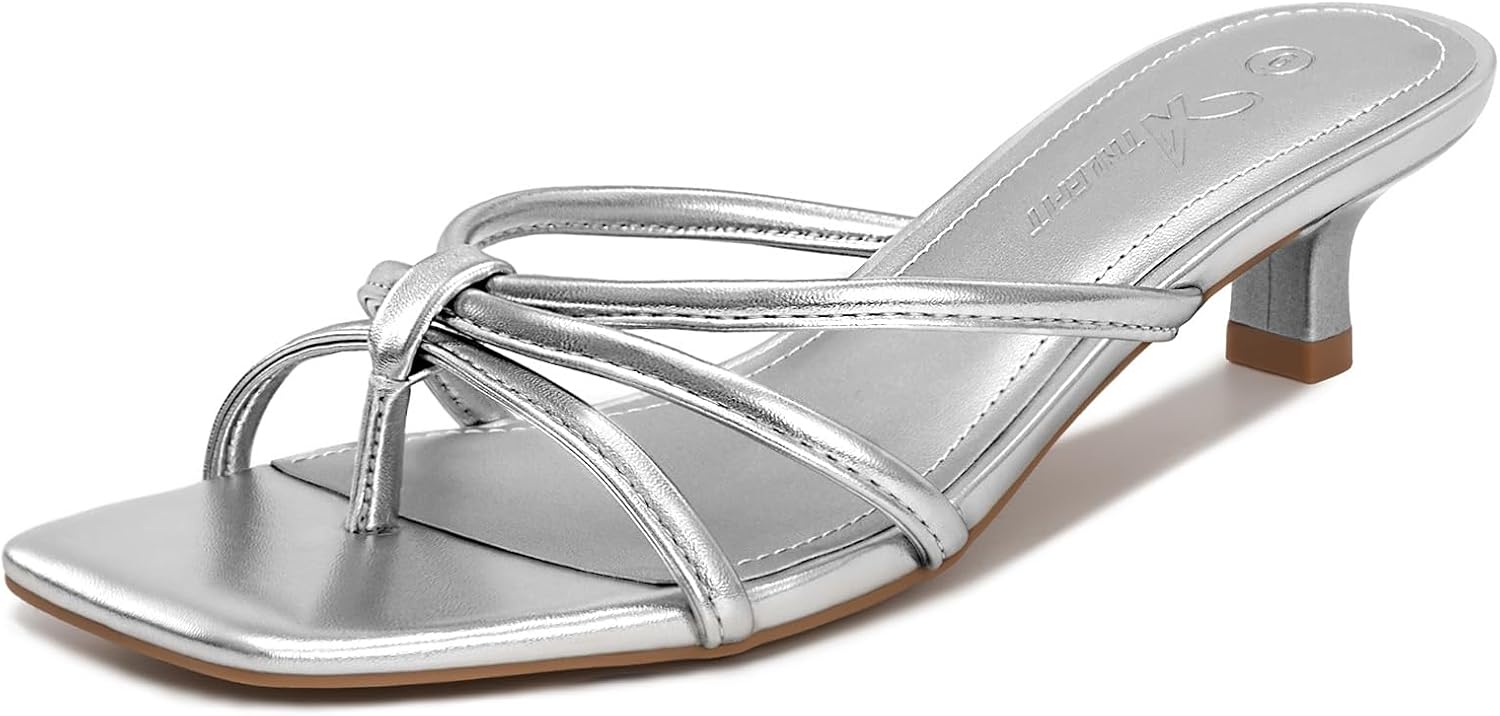 Athlefit Kitten Heels for Women Square Toe Strappy Flip Flop Low Heels Slip On Thong Heeled Sandals