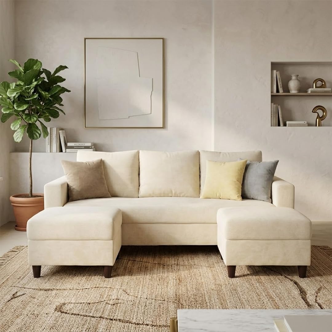 CASASTYLE Convon 3 Seater Premium Fabric Sofa Set with Extra 2 Ottomans (Cream) 5-Person Seating with Premium Velvet Finish | Ideal for Living Room, Offices, Hotels-image-48