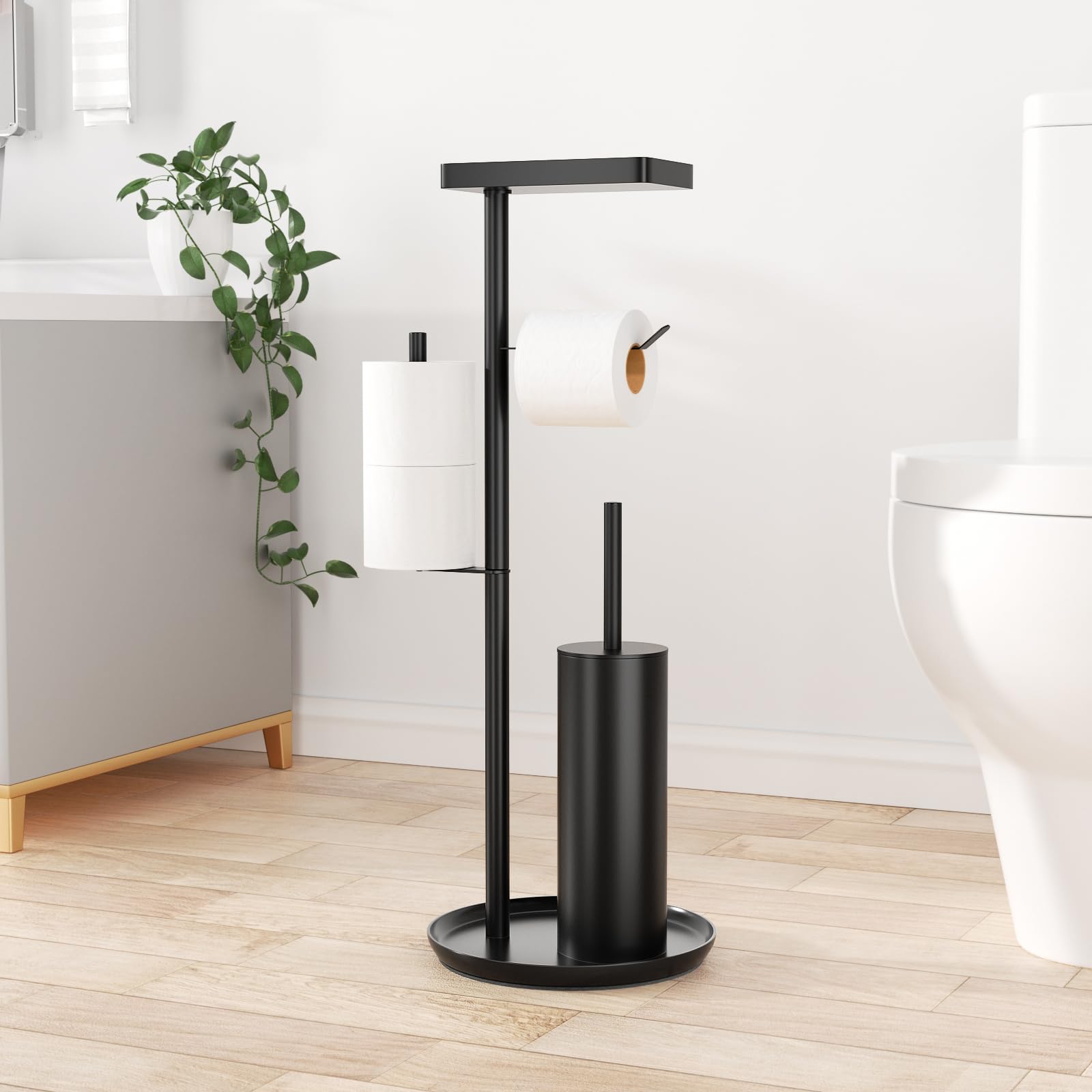 Susswiff Piantana Portarotolo e Scopino - Porta Carta Igienica Nero con Scaffale per Salviettine Umidificate, Acciaio Inox con Spazzolino WC , in Piedi