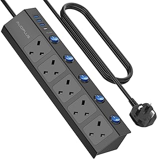 Extension Lead with Individual Switches, AUOPLUS 5 Way Wall Mounted Power Strip with USB C Ports（PD 20W)，3250W/13A Surge Protected Extension Lead with 2M Extension Cable for Home Office