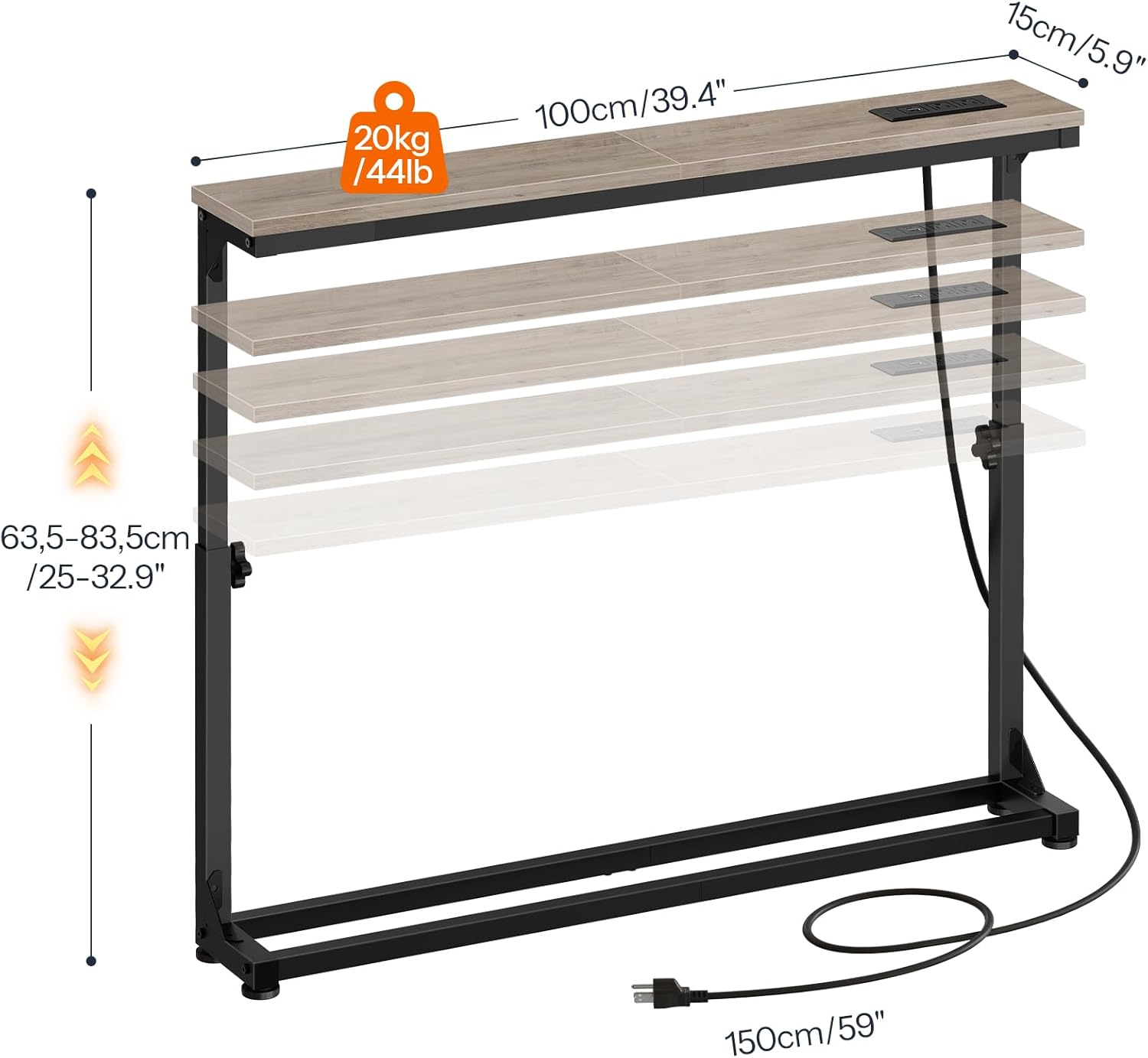 HOOBRO Narrow Console Table with Charging Station, Adjustable Height Sofa Table (25''-32.9''), Slim Behind Couch Table for Small Spaces, Entryway, Living Room, 39.4" Greige BG95UXG01