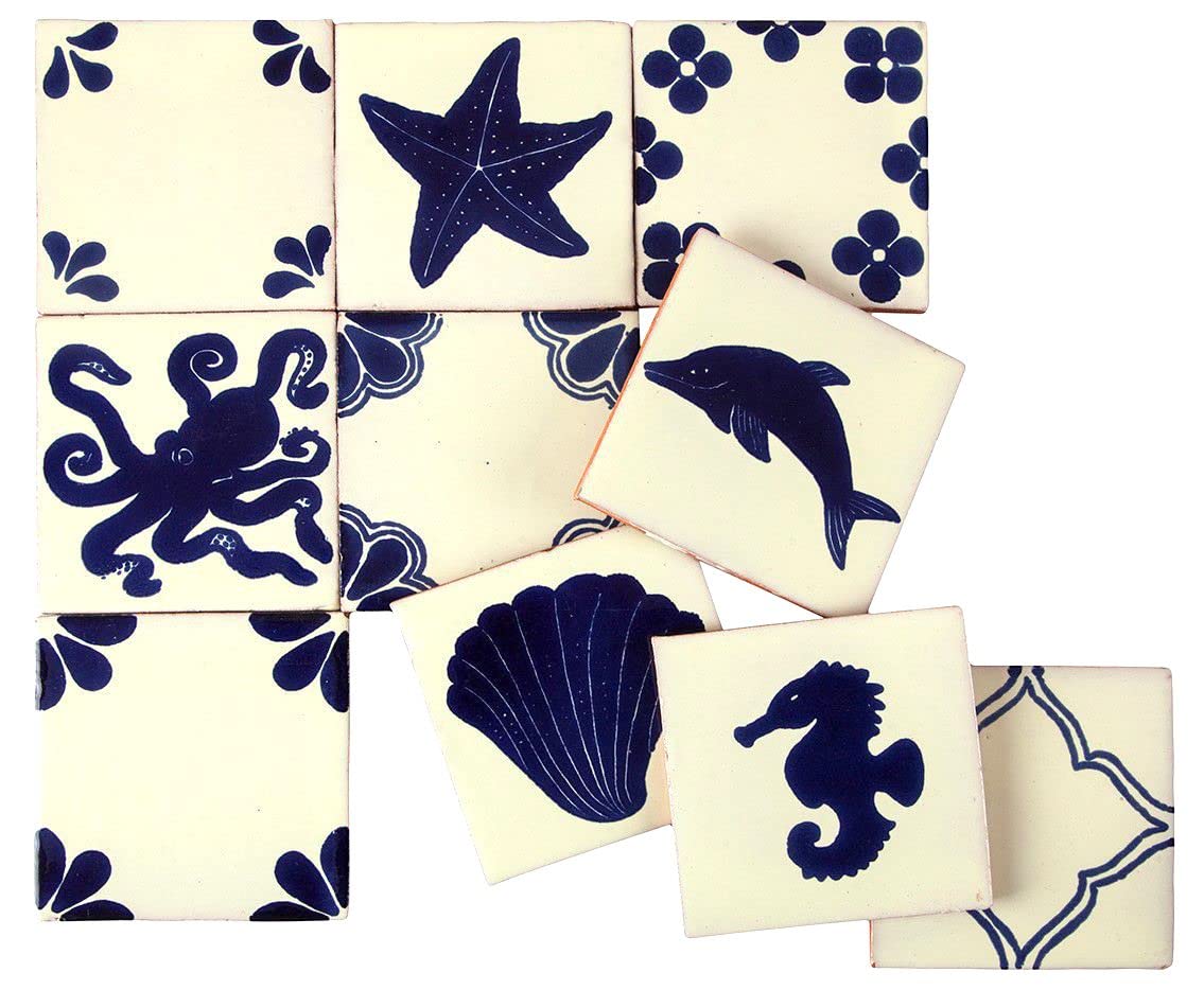 Cerames Mexikanische Keramische Fliesen Mariscos - 30 dekorative mexikanische mosaik fliesen für Badezimmer, Küche, Dusche, Treppen, Küchenrückwand | Keramikmosaikfliesen 10,5x10,5 cm