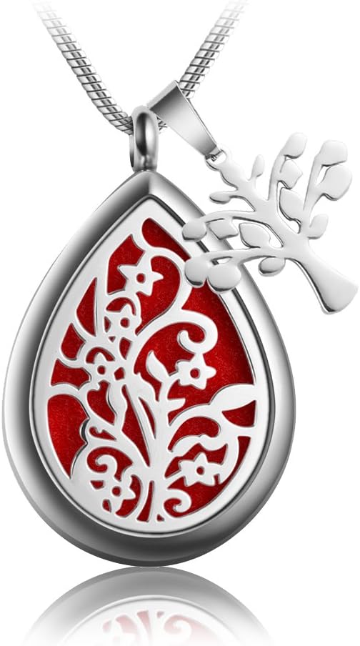 Teardrop Aromatherapy Essential Oil Diffuser Necklace Locket Pendant Hypo-Allergenic 316L Surgical Grade Stainless Steel With 23.6" Adjustable Snake Chain and 8 Reusable Washable Refill Pads
