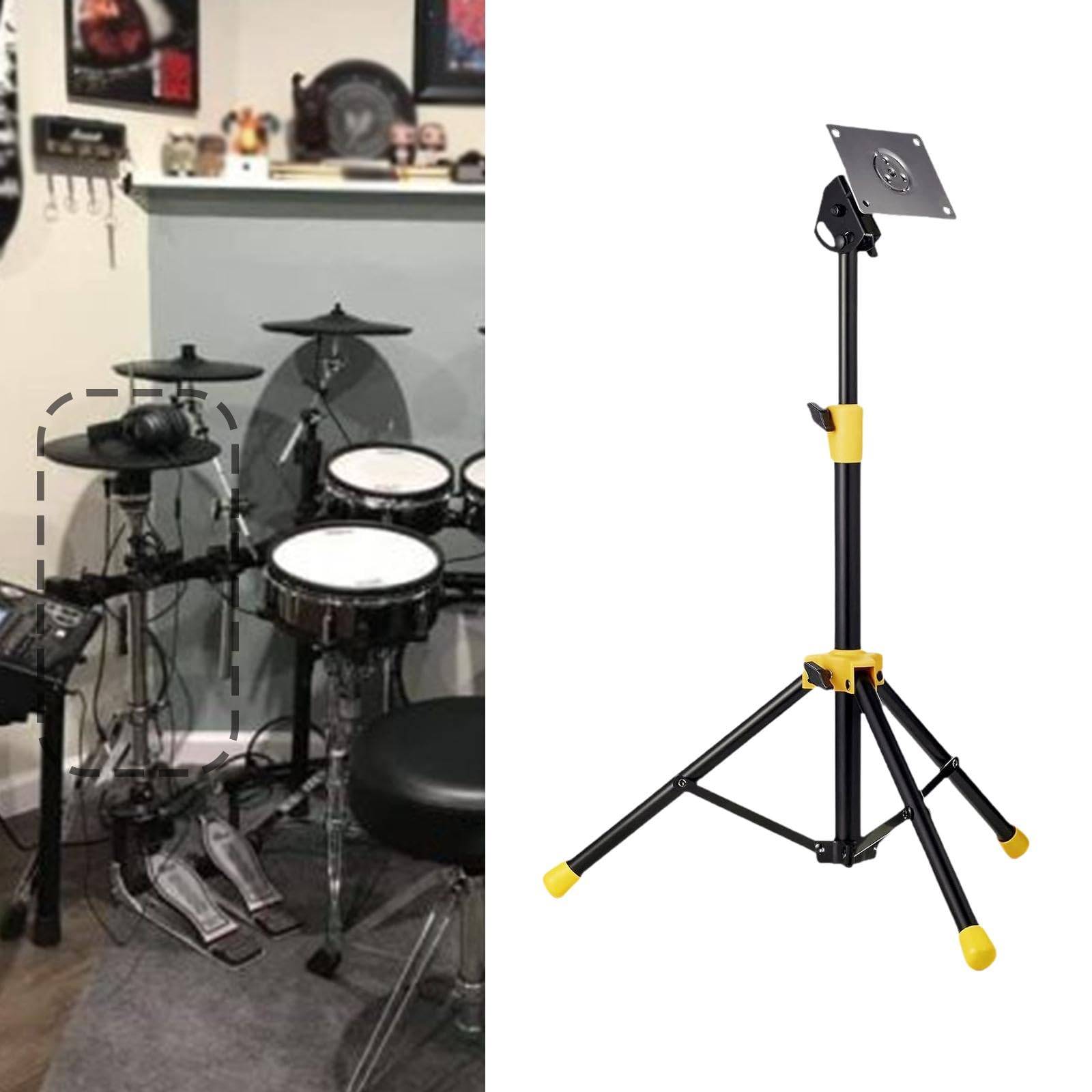 Soporte de Montaje Robusto Y Resistente con Placa Metálica para Instrumentos de Percusión Electrónica Y Pads de Altura Ajustable de 52 Cm a, Amarillo Negro