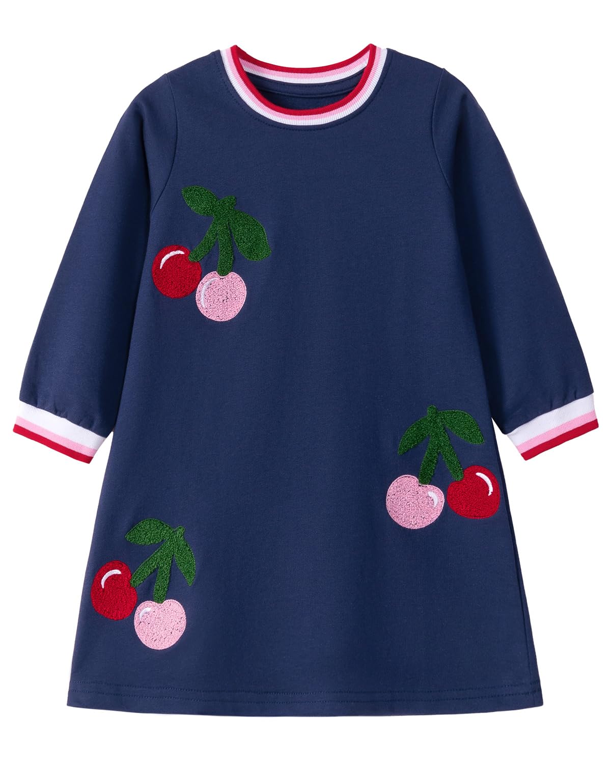 Girls Cotton Long Sleeve Casual Cartoon Appliques Striped Jersey Dresses