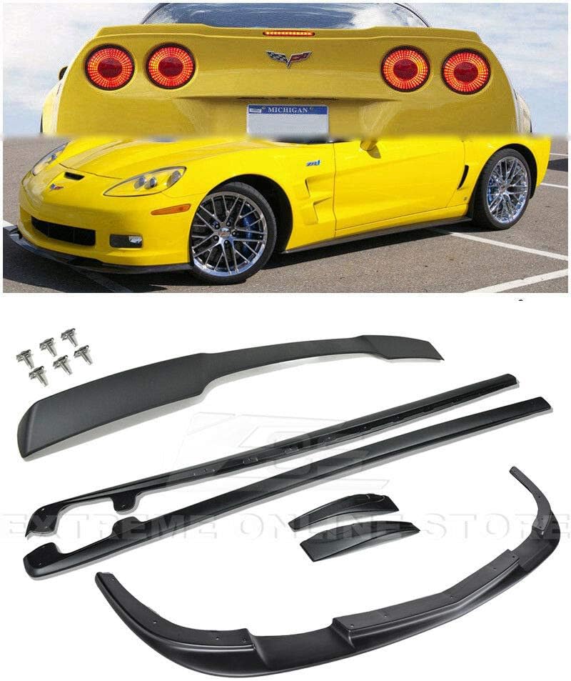 for 2005-2013 Chevrolet Corvette C6 Wide Body Models | ZR1 Style ABS Plastic Primer Black Front Bumper Lip Splitter with Side Skirts Panels Mud Flaps Pair & Painted Matte Black Rear Wing Spoiler
