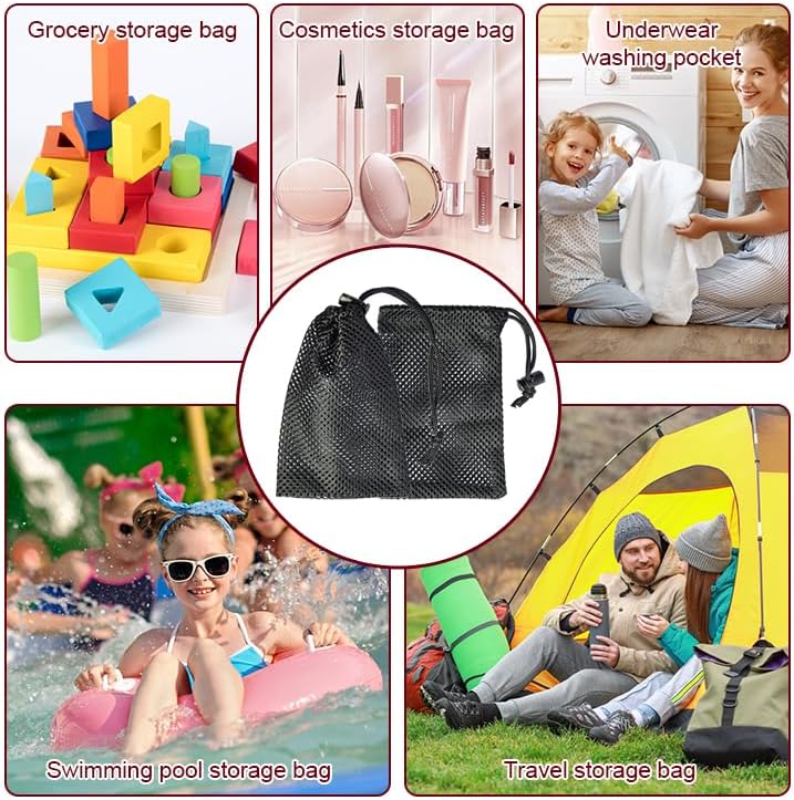 Mesh Bag, Small Nylon Mesh Drawstring Bag with Cord Lock, Black, 3 Pcs,3.9x5.9 Inch for Travel Stuff Bags, Cleansing Supplies
