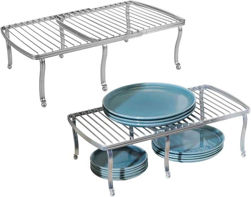 mDesign Expandable Wire Metal Kitchen Cabinet Shelf Rack - Adjustable Pantry, Countertop, Cupboard Shelf Organizer - Dish and Plate Storage Space-Saver, Hyde Collection, 2 Pack/4 Pieces, Silver