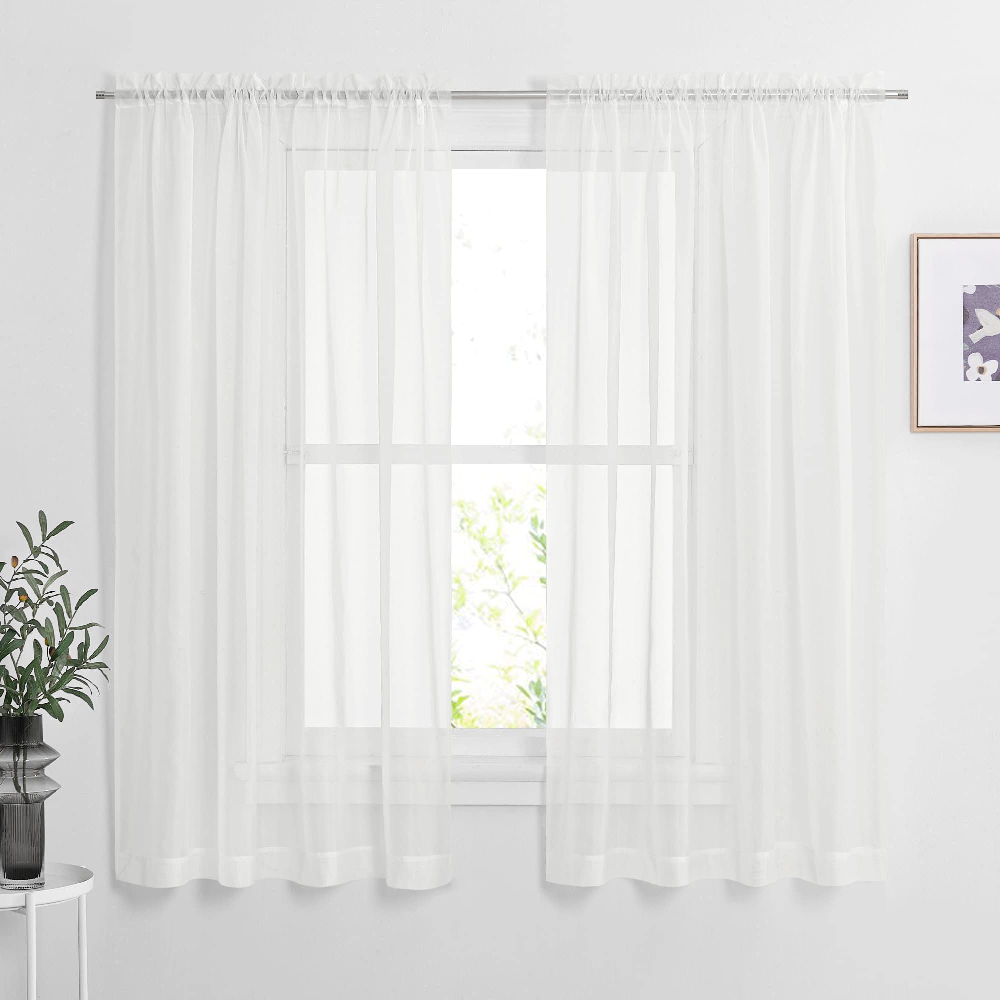 NICETOWN Voile Sheer Window Curtains for Half Window, Rod Pocket Elegant Airy Sheer Curtain Drapes for Living Room/Bedroom, W60 x L63, 2 Panels, Ivory