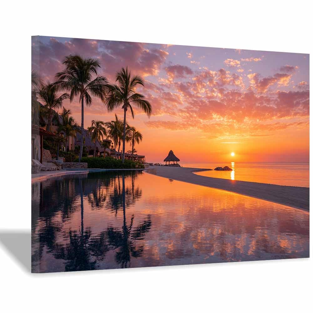 HOQIU Vintage wall art Resort Pool Ocean Sunset decorative painting, wall art, for Living Room Bathroom Bedroom Kitchen Decoration.(Multicolor)-70x100cm Framed