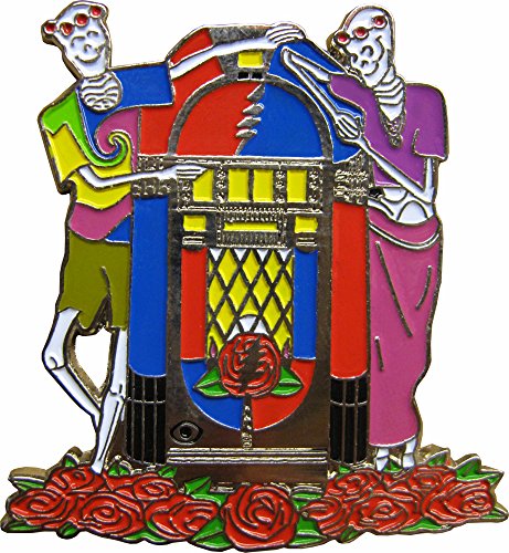 Skeletons & Skulls – Two Hippie Skeletons Leaning on Colorful Jukebox Enamel Pin – Musical and Floral Design for Jackets, Bags, and Hats