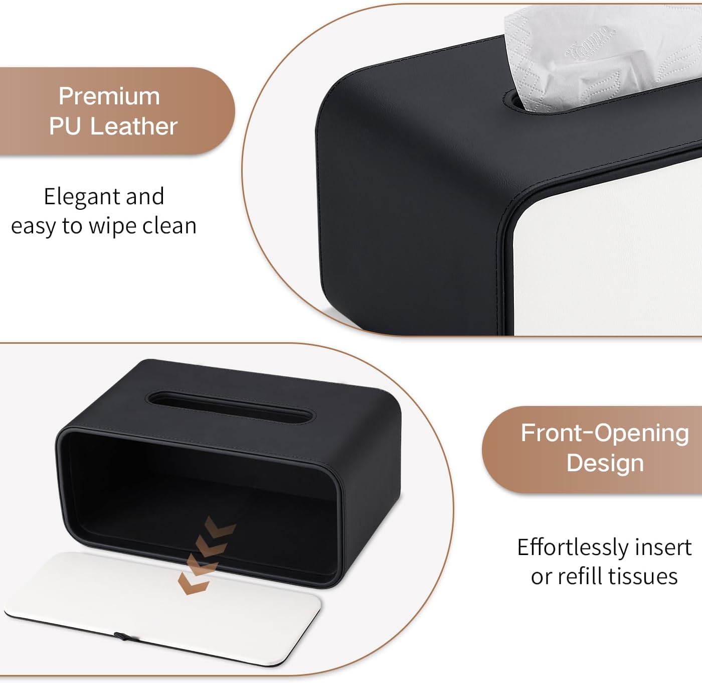 GORESE PU Leather Tissue Box Cover Rectangle Tissue Box Holder for kleenexs, Decorative Tissue Cover Holder for Bathroom Bedroom Living Room Office, Black & White