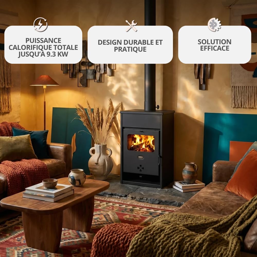 Prity KD Poêle à bois 9,3 kW Classe d'efficacité énergétique A+ Tube de fumée Ø 130 mm Chauffage très efficace