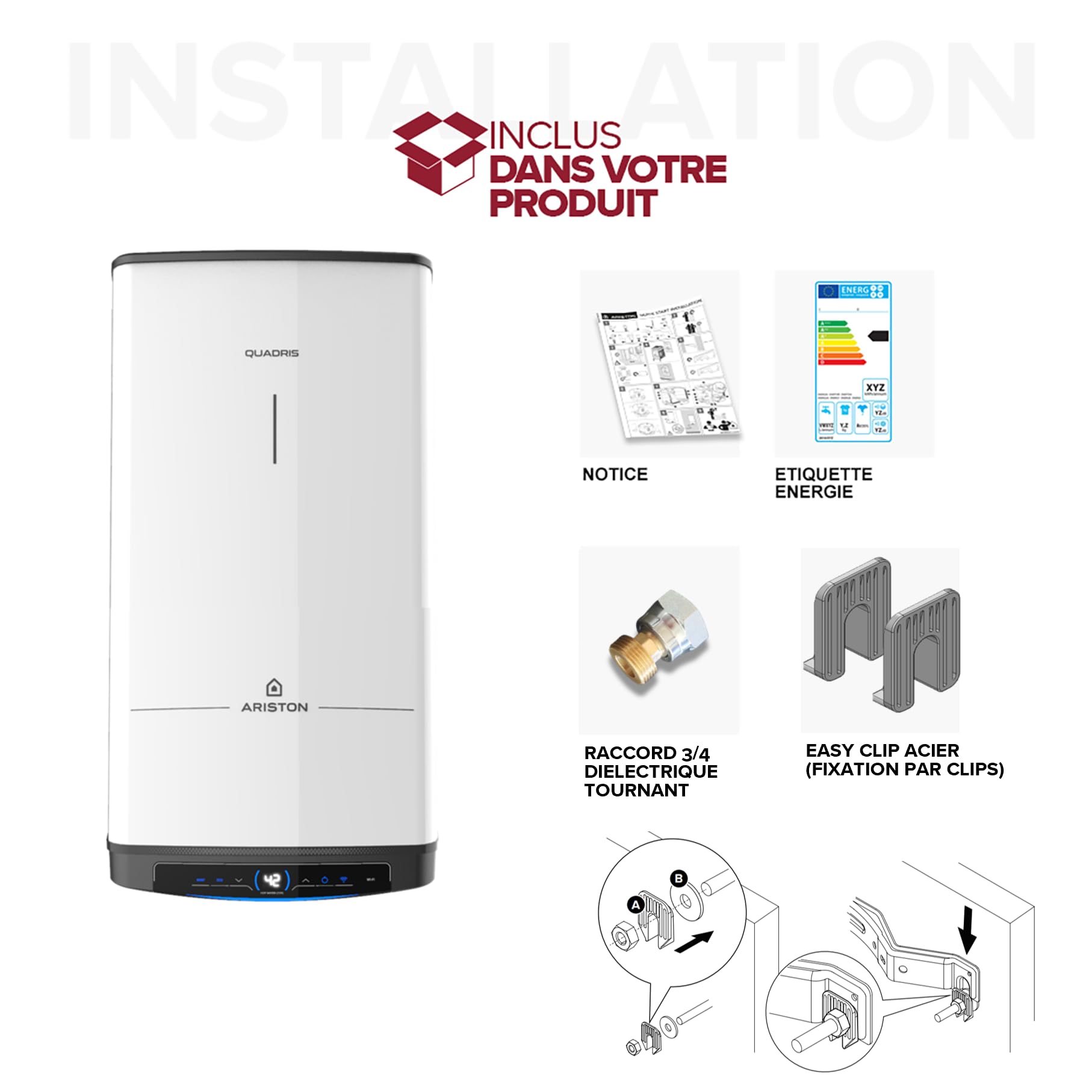 Ariston Quadris WiFi 120L, Chauffe Eau Électrique Compact, Intelligent, Connecté, Steatite, 25% d'Économie d'Énergie, Eco Evo, Fabriqué en France, Gain de place jusqu'à 1m2 au sol.