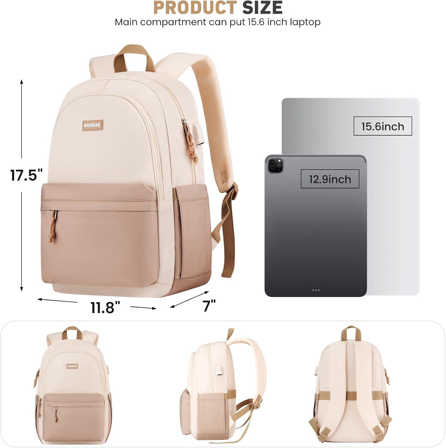 KROSIAS School Backpack for Teens Girls, Cute Student Bookbag Large 15.6 Inch Laptop Bag Aesthetic College Backpacks for Women High School Travel (Khaki Beige)