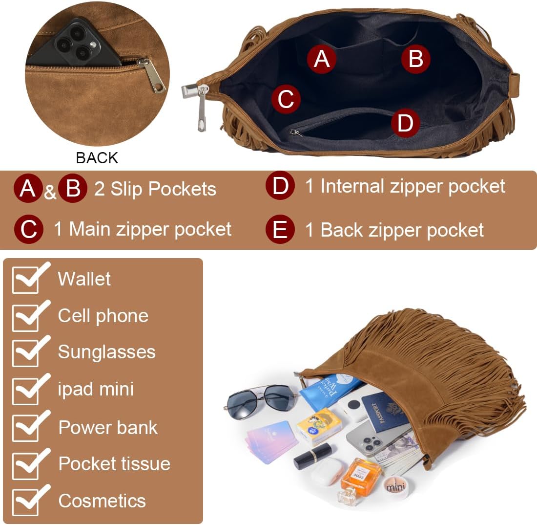 Sunwel Fashion Women Fringe Hobo Bag Western Purse Shoulder Bag Vegan Suede Tassel Hippie Crossbody Bag - Image 3