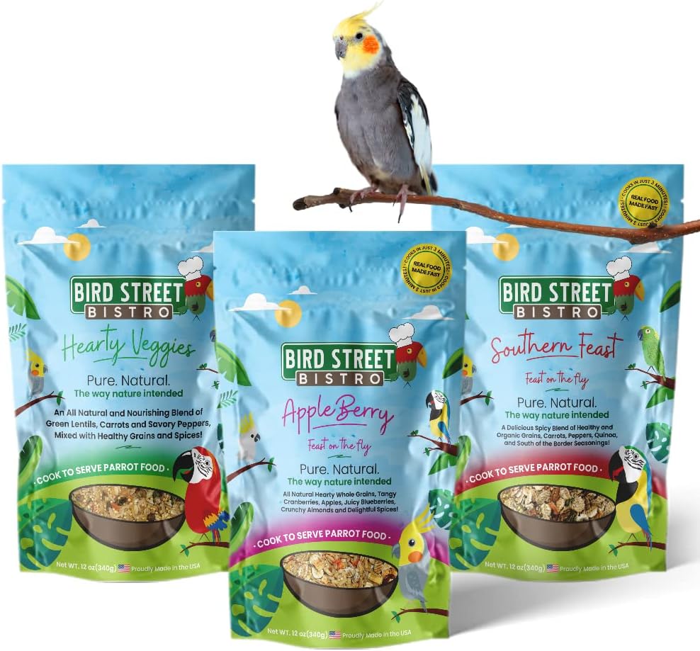 Cockatiel Food Sample 3 Pack - Cooks in 3-15 min w/Natural Whole Grains - Healthy Non-GMO Fruits, Dried Vegetables, Health Orientated Spices