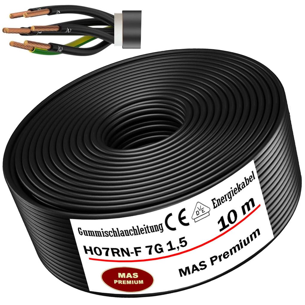 MAS Premium Przewód gumowy 5-80 m, kabel zasilający na plac budowy H07RN-F 7G 1,5 lub 2,5, elastyczny przewód z przewodem ochronnym do ciężkich urządzeń (H07RN-F 7G1,5 mm², 10 m)