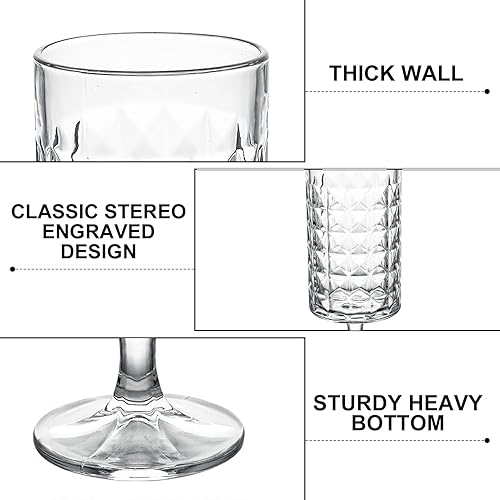 Miniatura 3 de Juego de 6 vasos de cristal de 11 onzas con grabado de flores, vasos de chupito para el hogar, para jugo, vino, cerveza, champán, cóctel, whisky