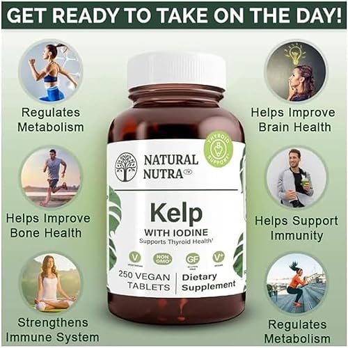 Miniatura 9 de Natural Nutra Kelp Suplemento de yodo, soporte tiroideo, regula el metabolismo, 225 mcg, 100 tabletas