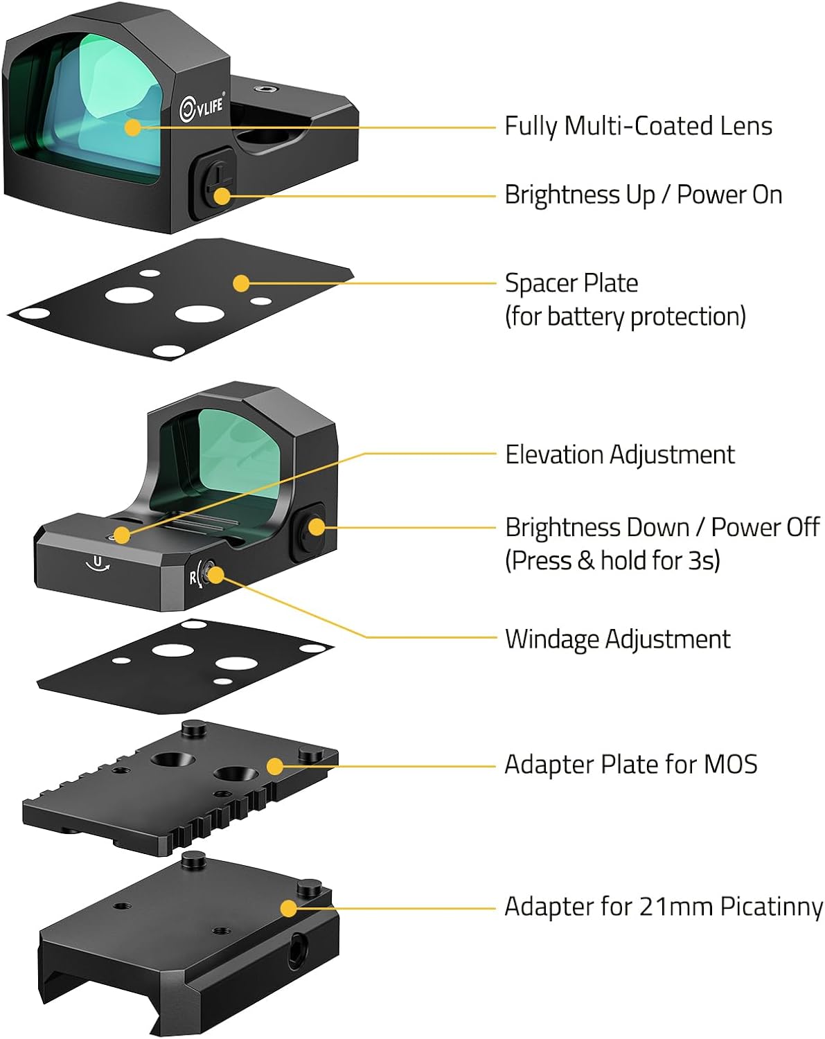 CVLIFE WolfCloak X04 Motion Awake Green Dot Sight for RMR Cut Footprint, 3 MOA Green Dot Open Reflex Sight, 24mm Lens Optics Scope for Full-Sized Pistols, Adapter for Glock MOS & 21mm Picatinny Base