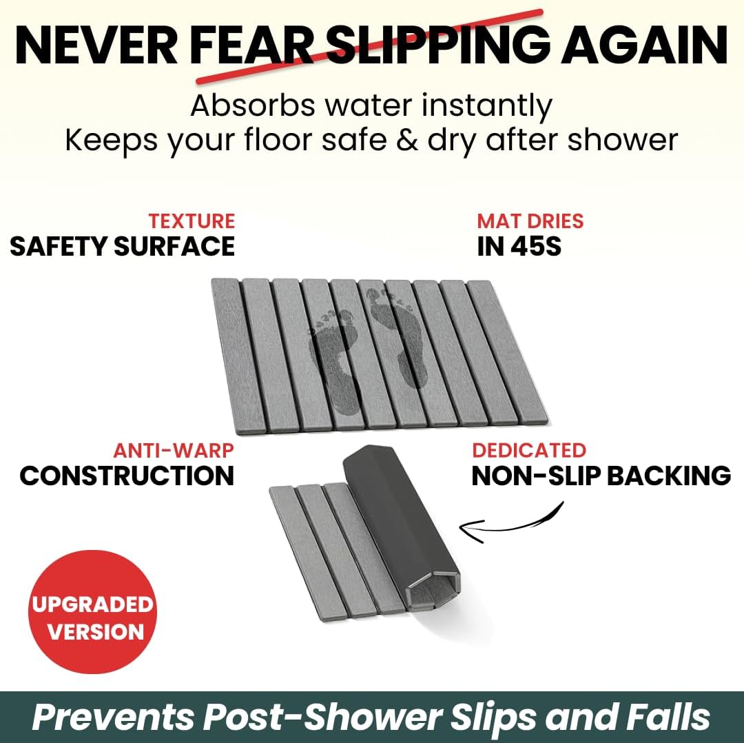 MophonicHome Extra Long Foldable Stone Bath Mat 32 x 15 - Diatomaceous Earth Shower Mat, Non-Slip Quick-Dry Stone Bath Mats for Bathroom, Super Absorbent, Compact Design, Easy to Clean, Dark Gray - Image 2