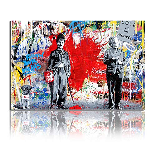 Tableau Graffiti Chaplin et Einstein pour Décoration Murale Salon Moderne