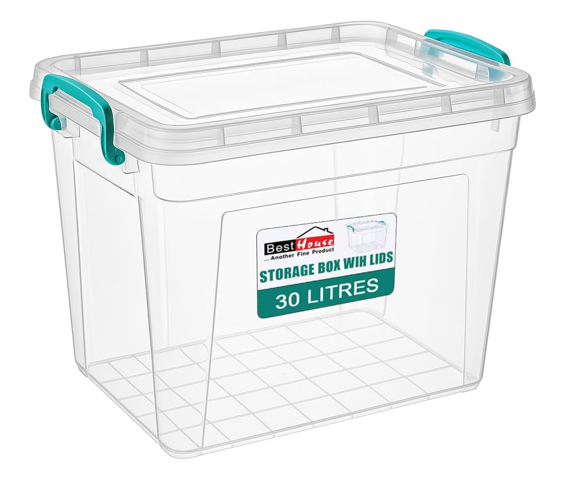 BH | Plastic Storage Box with Lids | 30 Litres | Pack of 1 | L 49.2cm x W 32.5cm x H 28.7 cm | Rectangle | Stackable Clear Durable Multipurpose Office Home Kitchen Tools (MEDIUM Size) - By BEST HOUSE