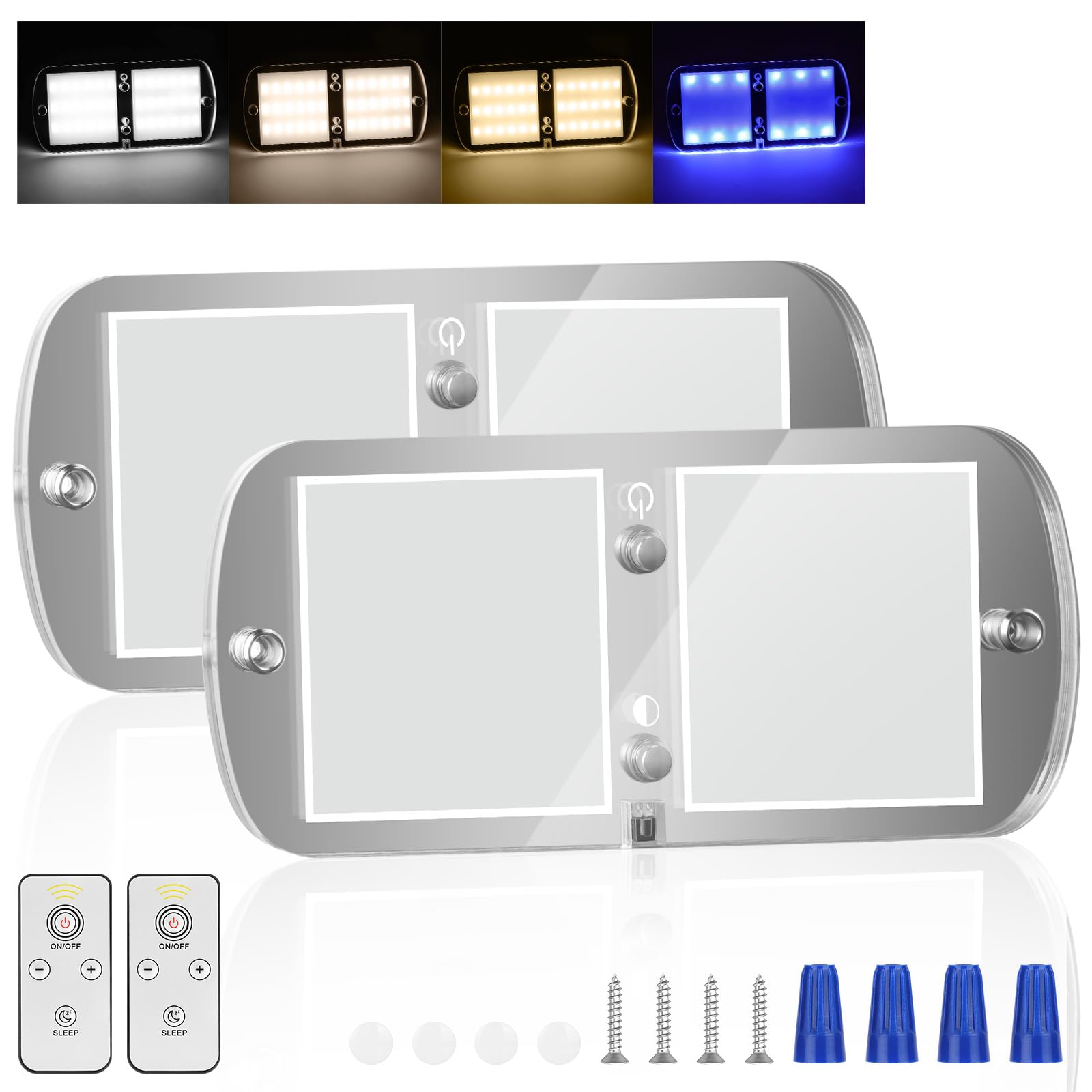 URAQT LED Deckenleuchte 2 Stück - Dimmbare 72 LED 800LM Lampen mit 4 Farbe Modi, Nachtlicht für Wohnmobil, Dach Lichter mit Schalter und Fernbedienung für RV, Camping, Auto, LKW, Wohnwagen, Boot